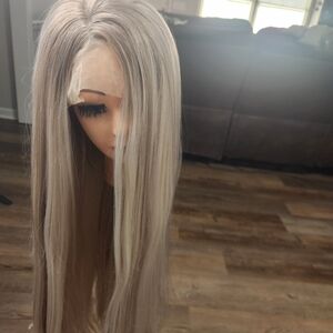 Synthetic Long Platinum Blonde Wig, With Chestnut Low Lights